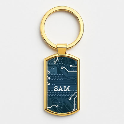 Blue Circuit Board Personalised Name Gold Keyring