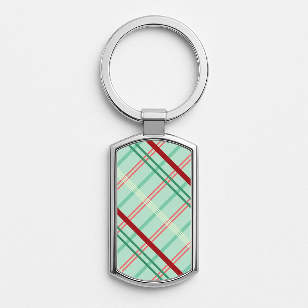 Pastel Tartan Christmas Pattern Silver Metal Keyring