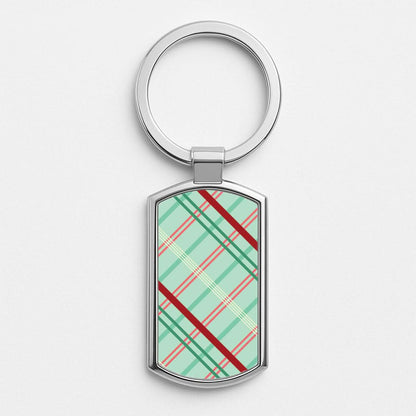 Pastel Tartan Christmas Pattern Silver Metal Keyring
