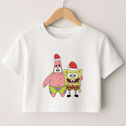 Cartoon Sponge And Starfish Christmas Hats Crop Top