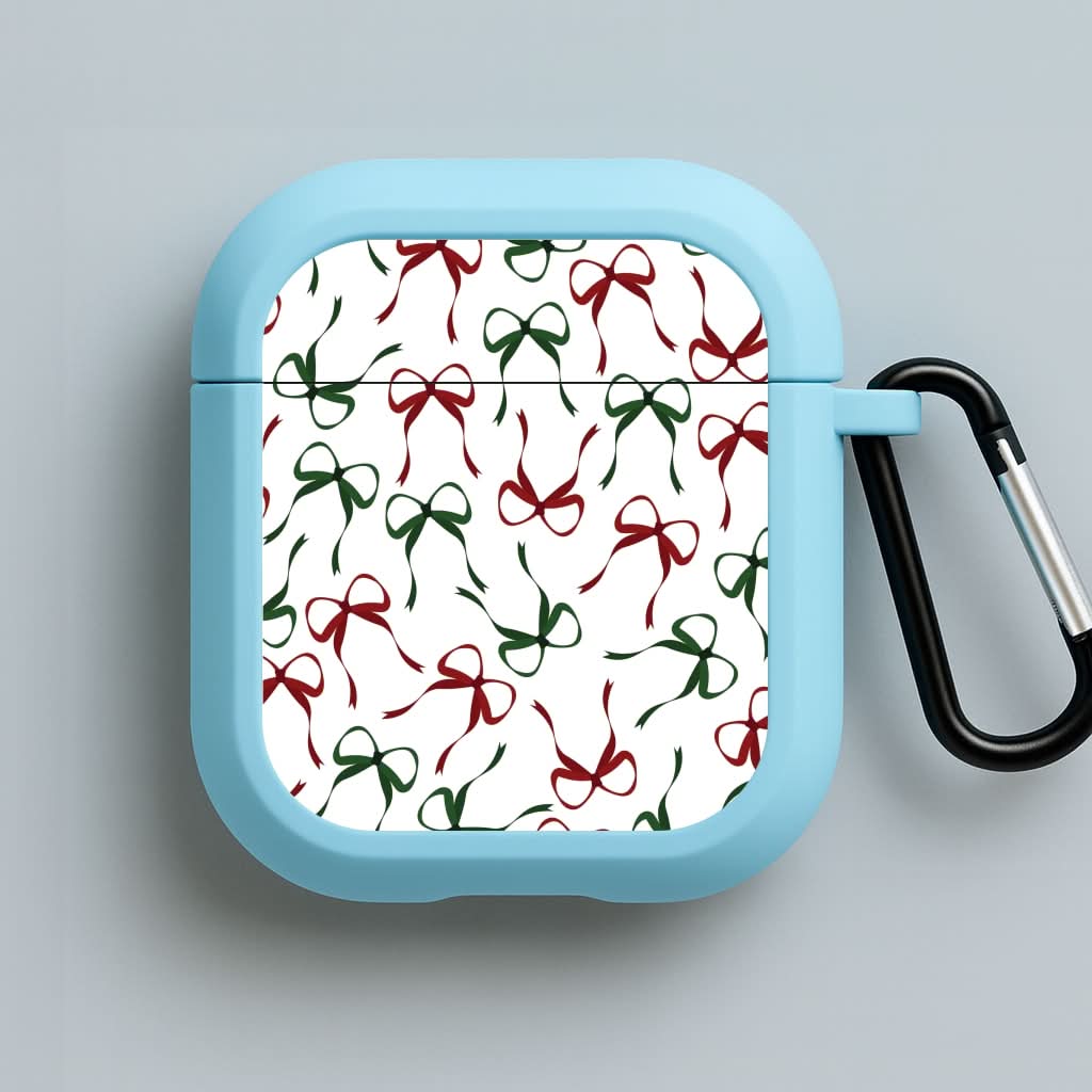 Red And Green Coquette Christmas Bows Pattern Blue AirPods Case