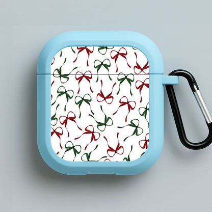 Red And Green Coquette Christmas Bows Pattern Blue AirPods Case