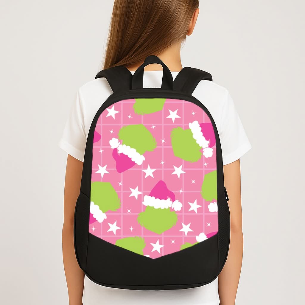 Pink Green Creature Xmas Pattern School Bag