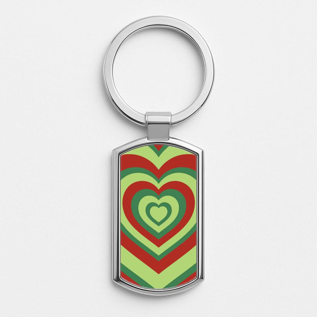 Red And Green Trippy Heart Christmas Pattern Silver Metal Keyring