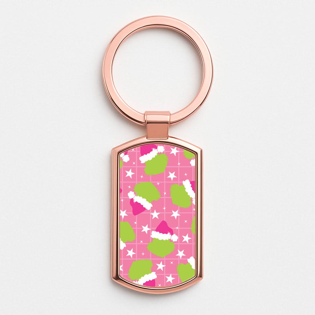 Pink Green Creature Xmas Pattern Rose Gold Keyring