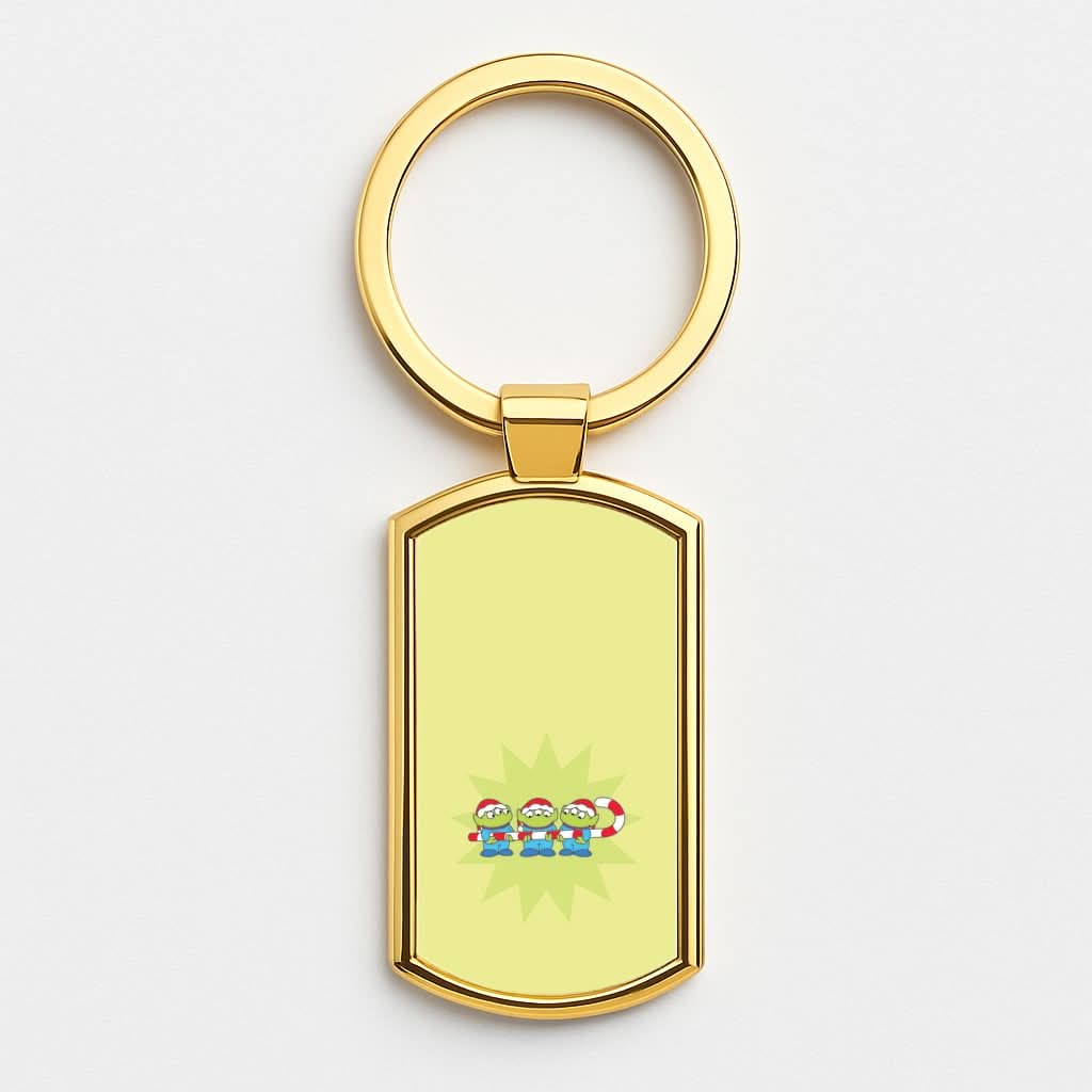 Cute Green Aliens Candycane Gold Keyring