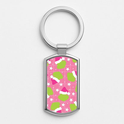 Pink Green Creature Xmas Pattern Silver Metal Keyring