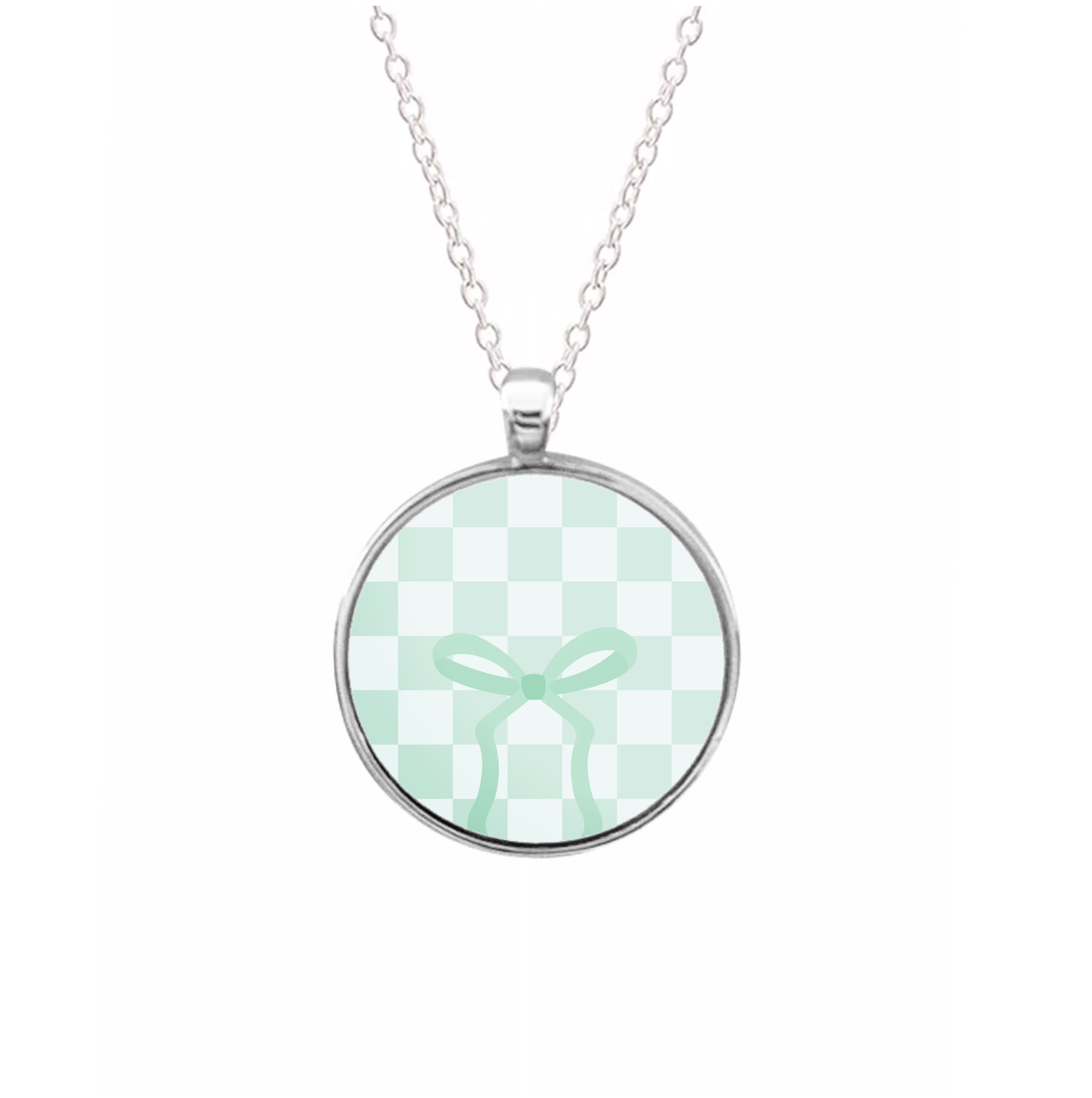 Checkered Coquette Bow Cyan Necklace