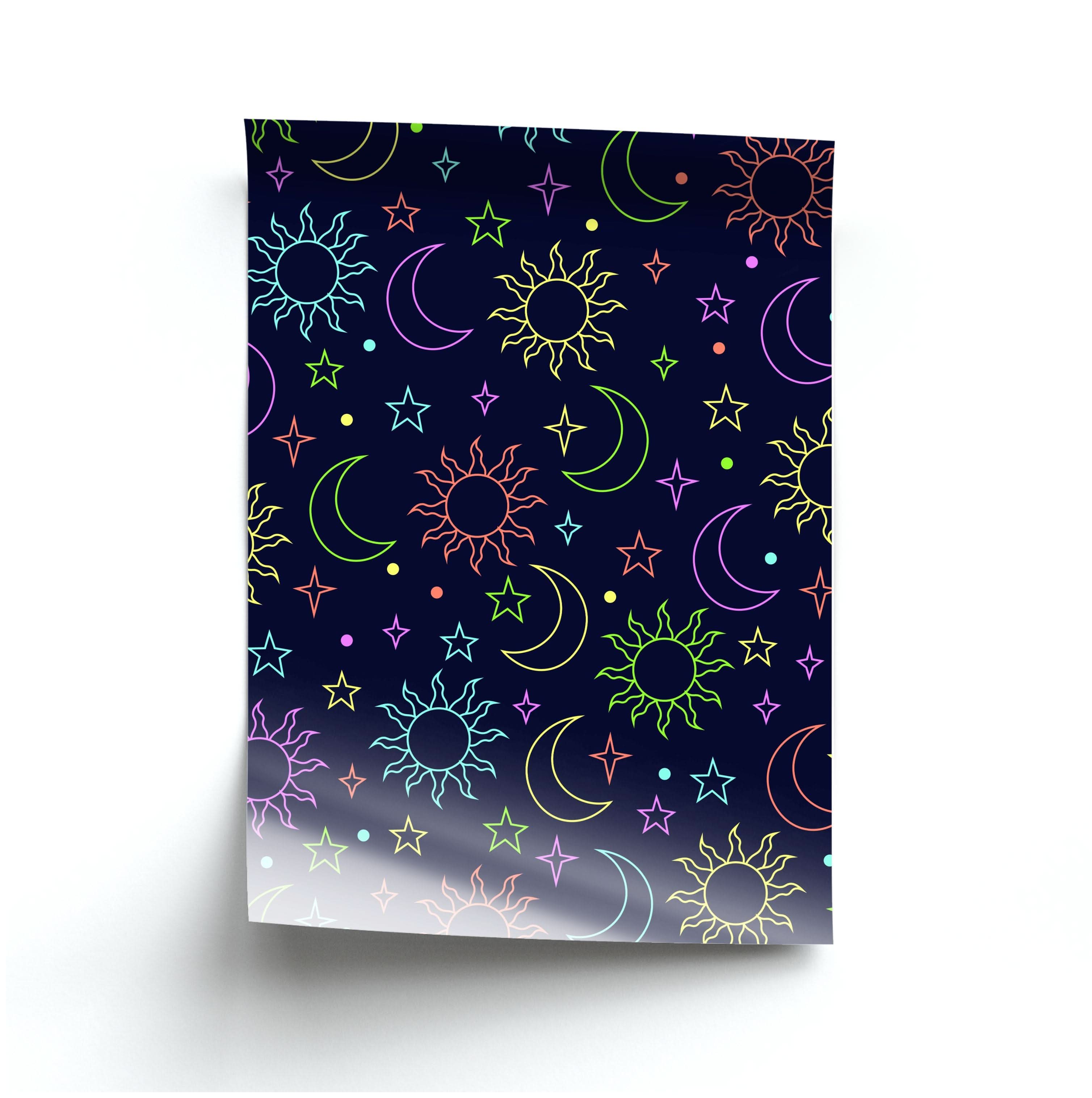 Sun, Moon And Stars Pattern Rainbow Poster