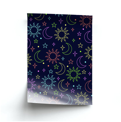 Sun, Moon And Stars Pattern Rainbow Poster