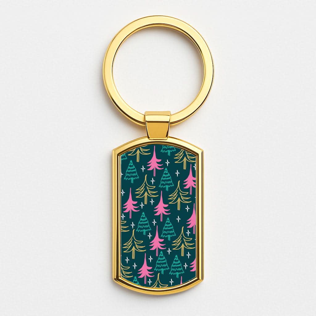 Colourful Sketched Christmas Trees Pattern Gold Keyring
