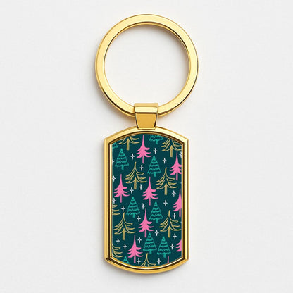 Colourful Sketched Christmas Trees Pattern Gold Keyring