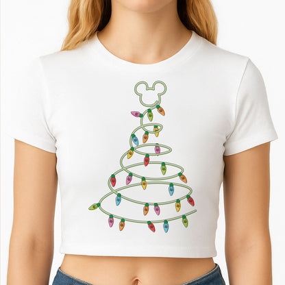 Cartoon Mouse Christmas Tree Lights Crop Top