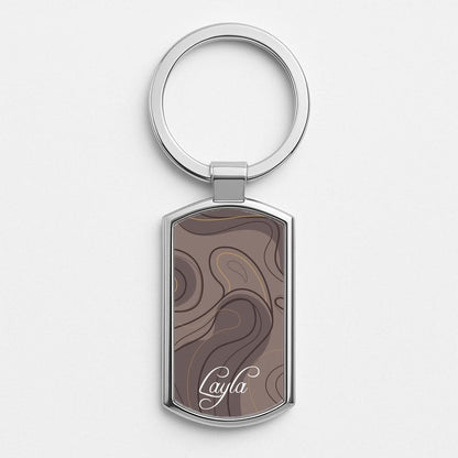 Brown Marble Waves Personalised Name Silver Metal Keyring