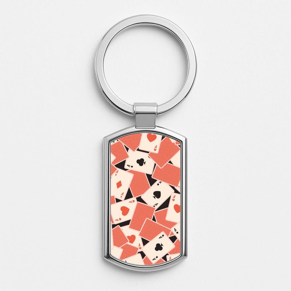 Playing Cards Collage Pattern Silver Metal Keyring