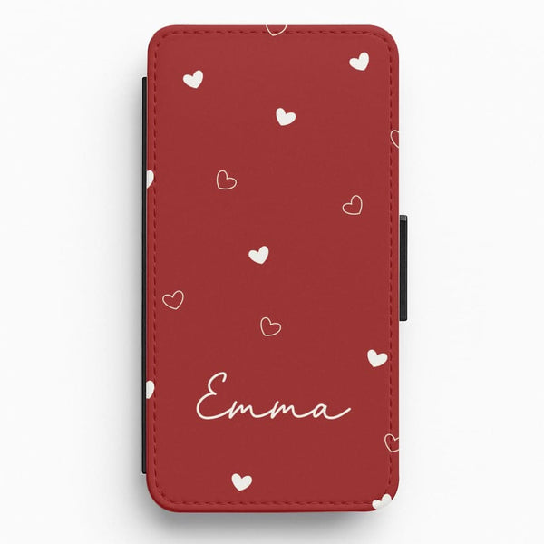 Red Hearts And Outlines Personalised Name Flip / Wallet Phone Case