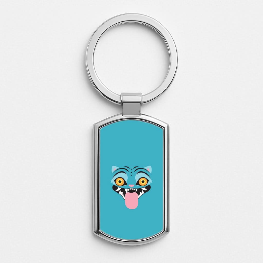 Demon Cat Face Silver Metal Keyring