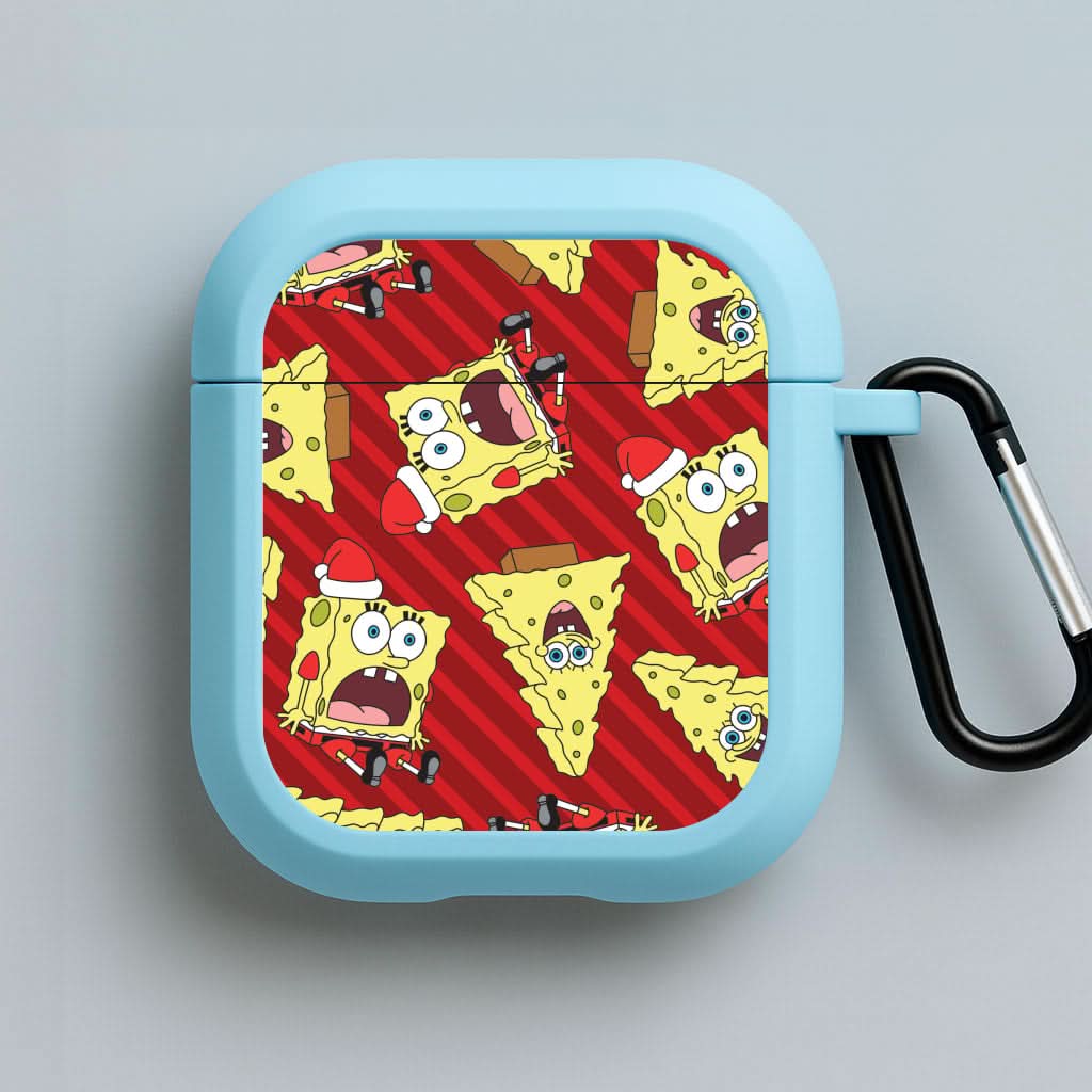 Christmas Cartoon Sponge Stripes Pattern Blue AirPods Case