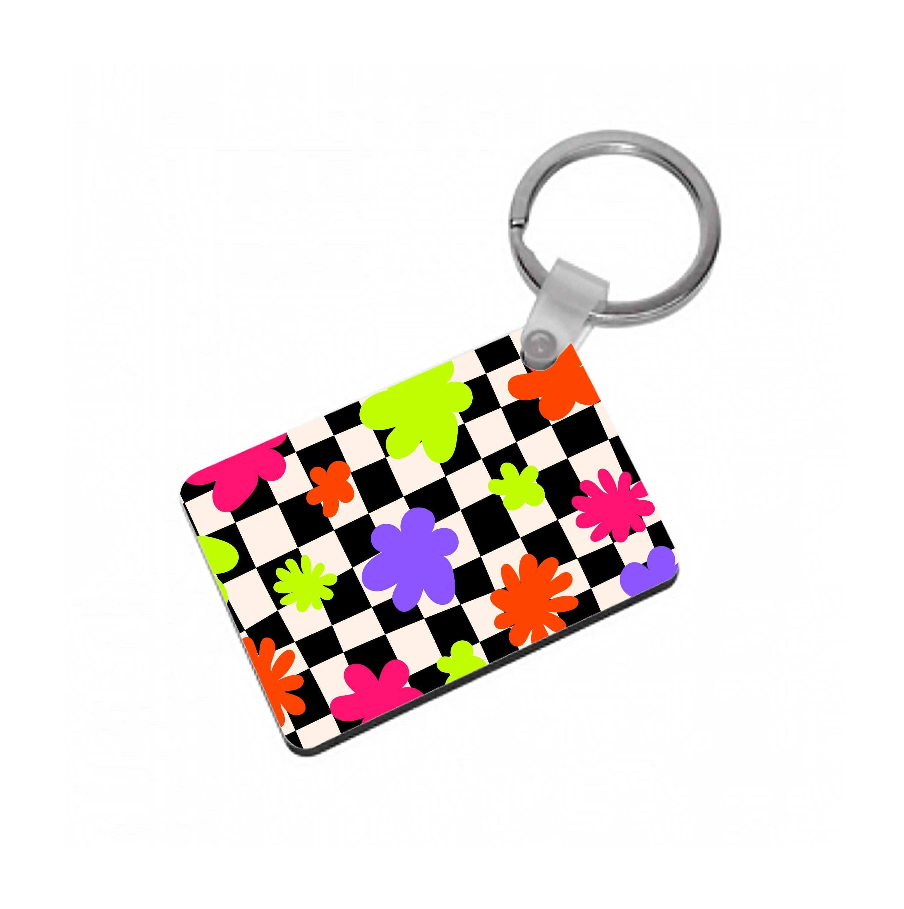 Abstract Flowers Checkered Pattern Keyring