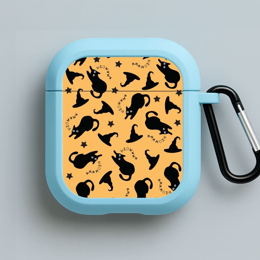 Black Cat And Hats Pattern Blue AirPods Case