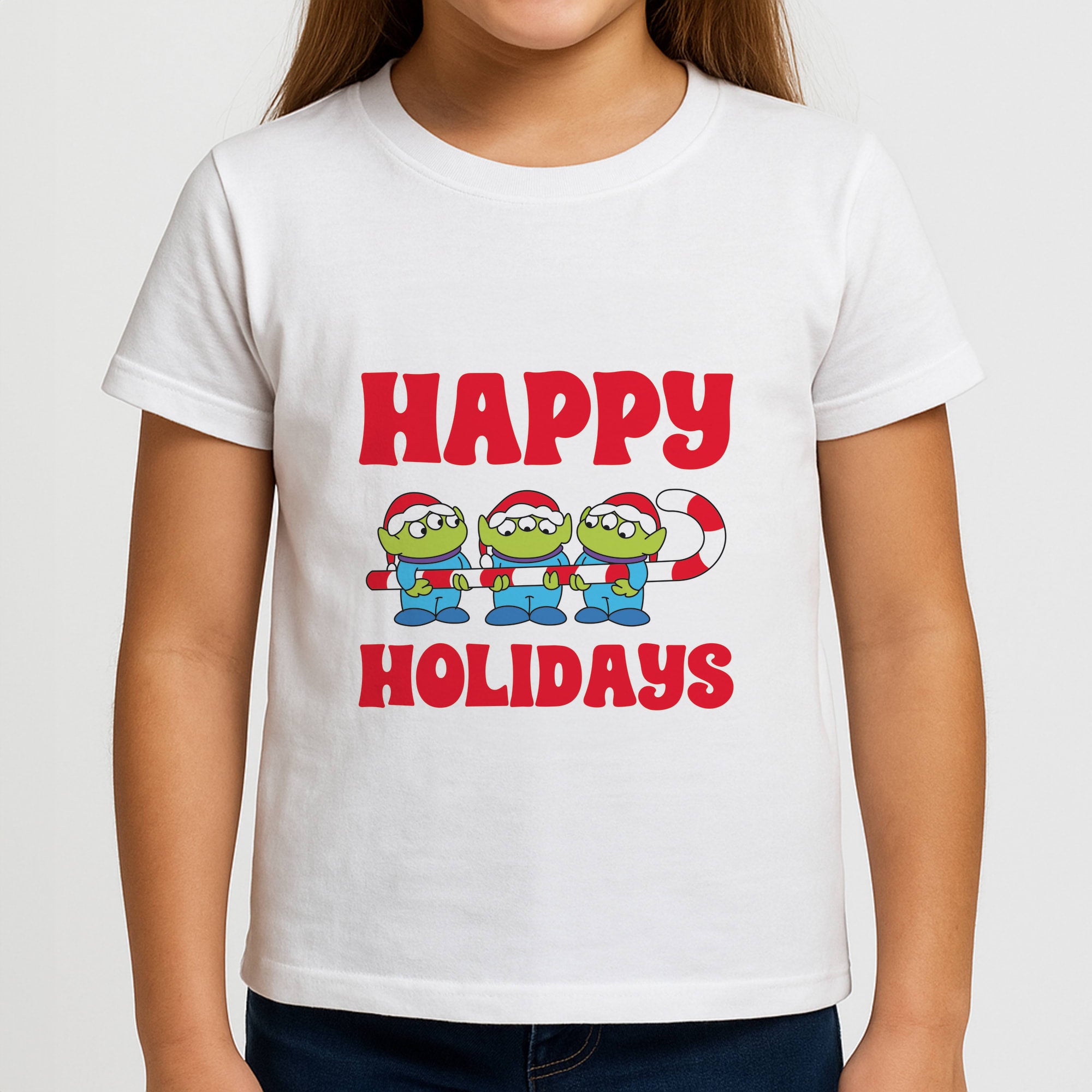 Happy Holidays Cute Green Aliens Girls T-Shirt