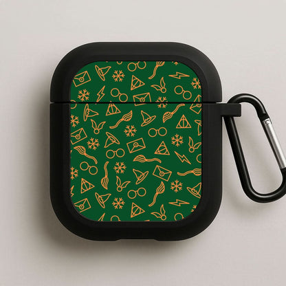 Christmas Wizard Icons Pattern Black AirPods Case