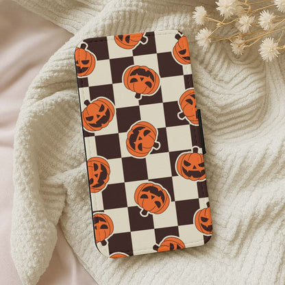 Pumpkin Stickers Checkered Pattern Leather Phone Case