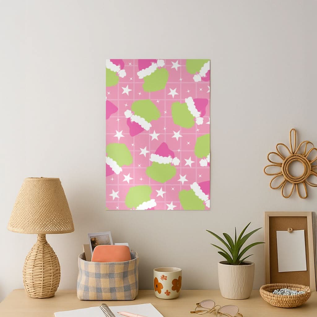 Pink Green Creature Xmas Pattern Art Print
