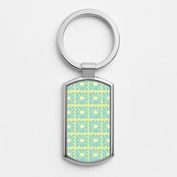 Square Abstract Flowers Blue Silver Metal Keyring