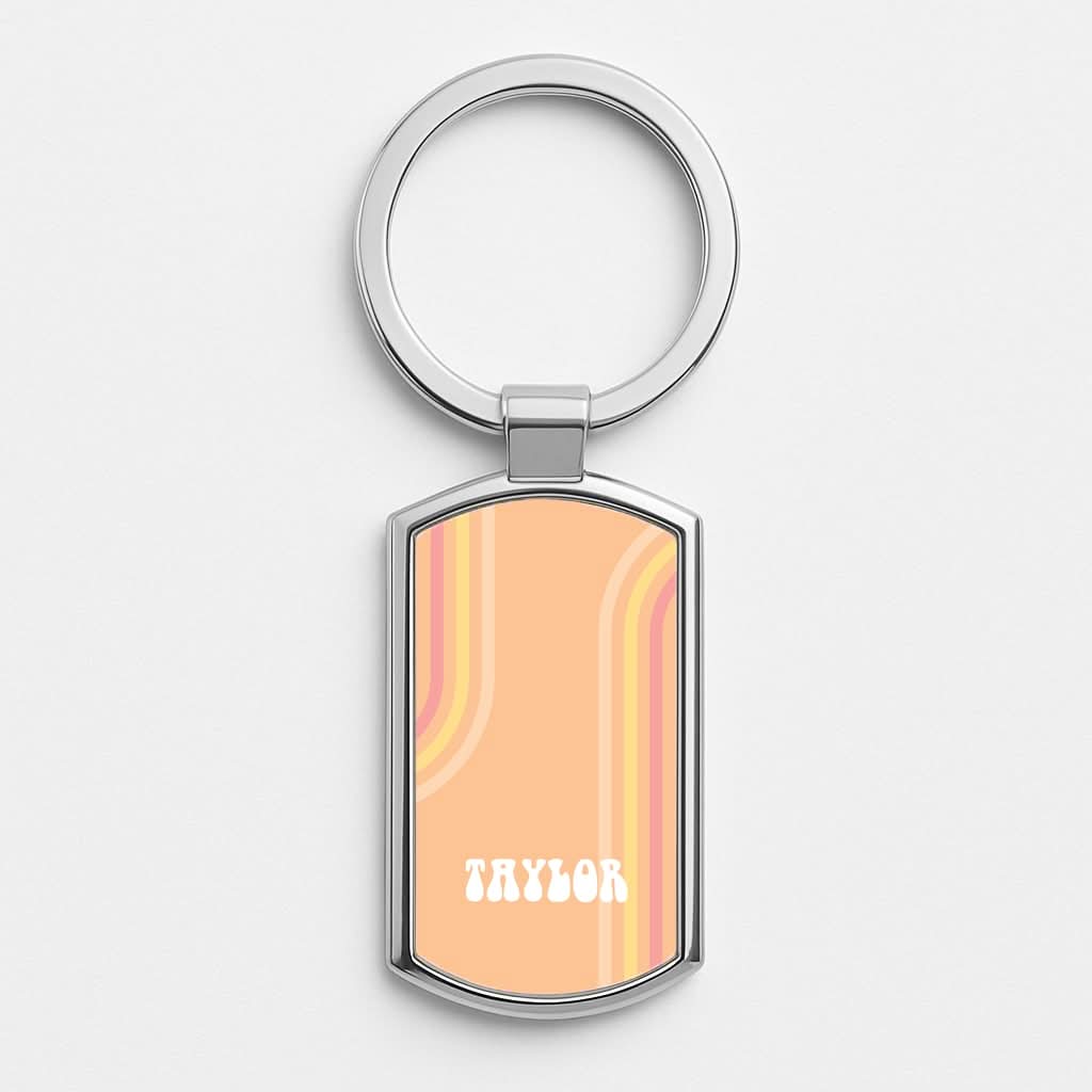 Retro Orange Personalised Name Silver Metal Keyring