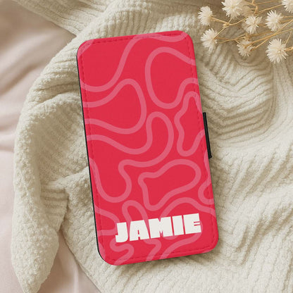 Red And Pink Squiggles Personalised Name Leather Phone Case