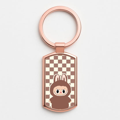 Checkered Cute Brown Monster  Rose Gold Keyring