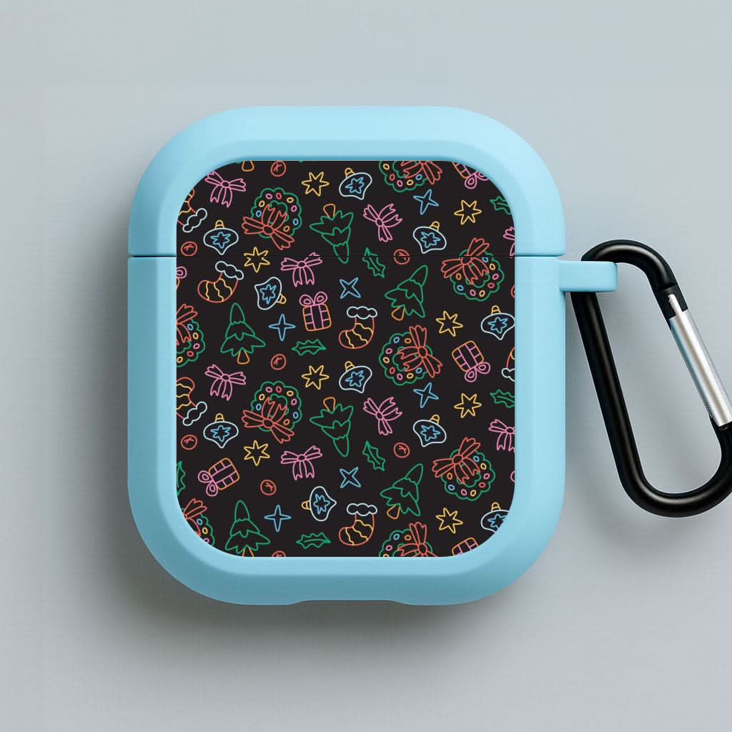 Neon Christmas Icons Pattern I Blue AirPods Case