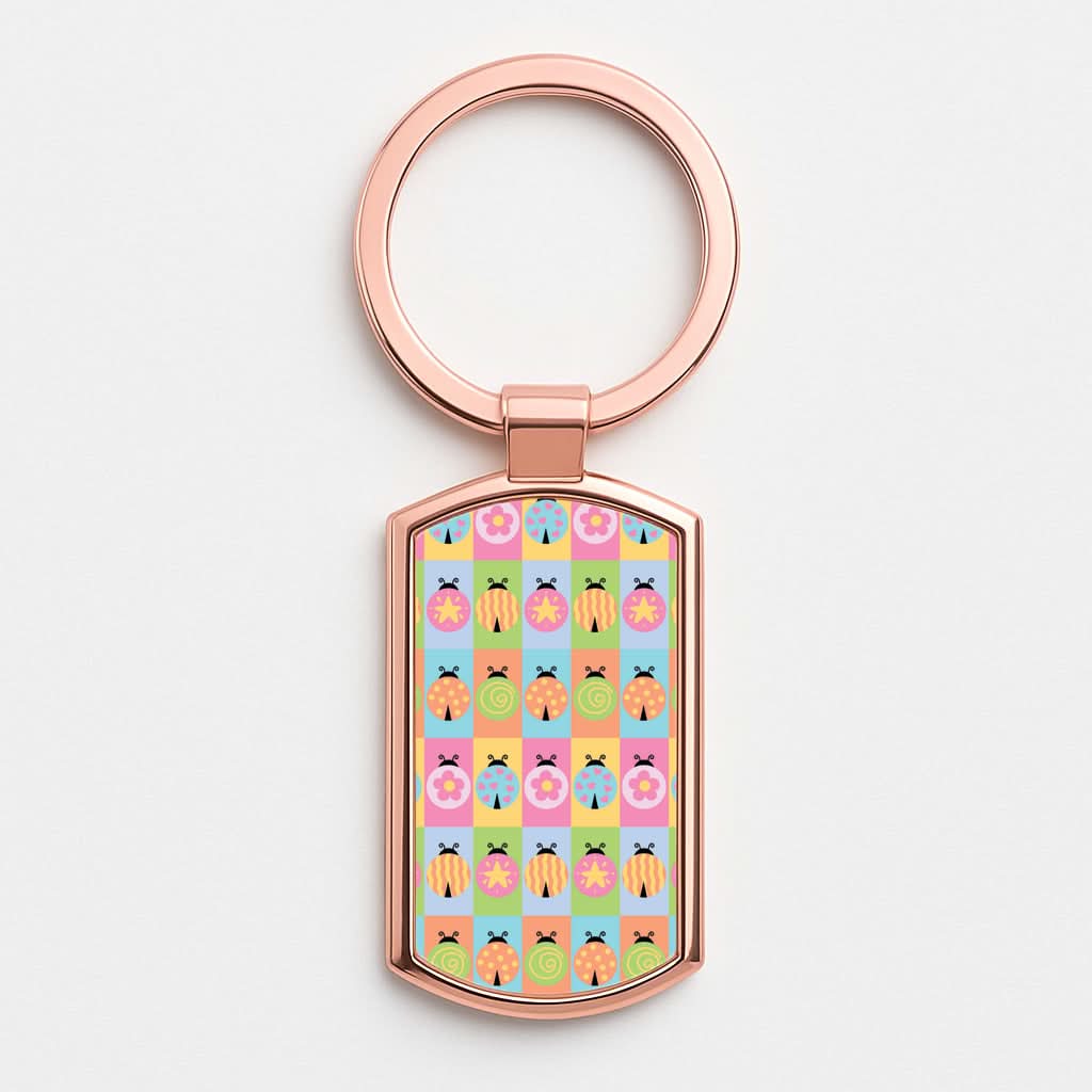 Cartoon Ladybugs Colourful Pattern Rose Gold Keyring