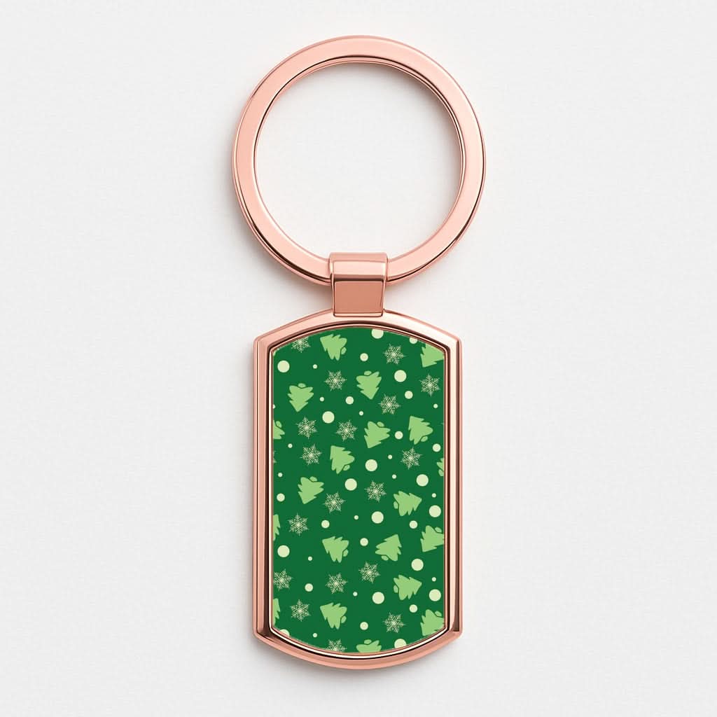 Cartoon Christmas Trees And Snowflakes Pattern Rose Gold Keyring