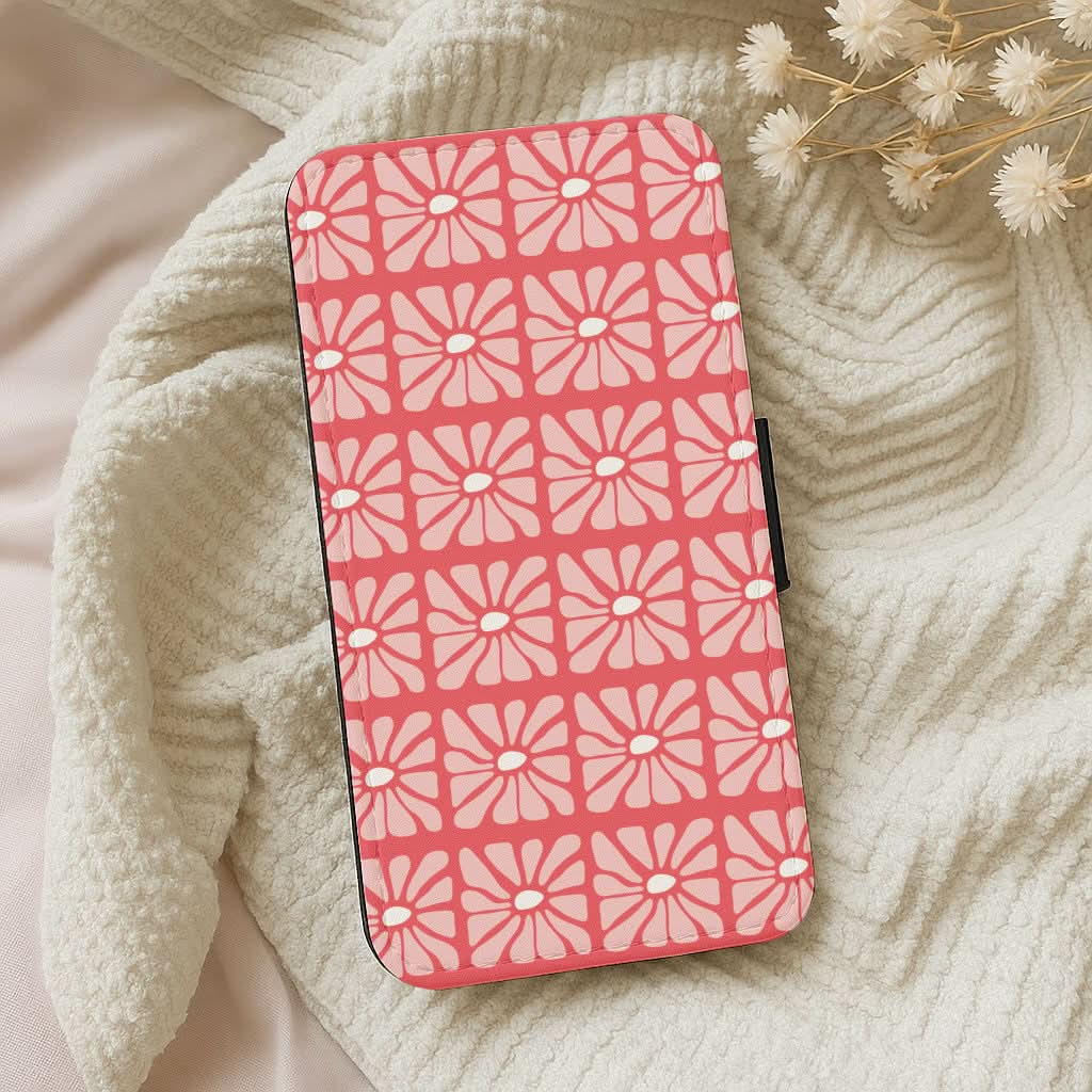 Square Abstract Flowers Pink Leather Phone Case