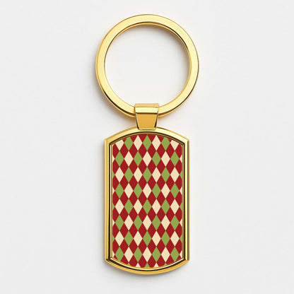Red And Green Argyle Christmas Pattern Gold Keyring