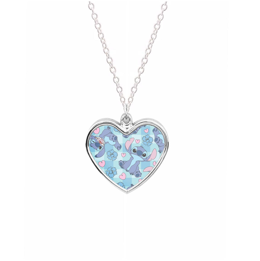 Blue Alien And Hearts Pattern Necklace