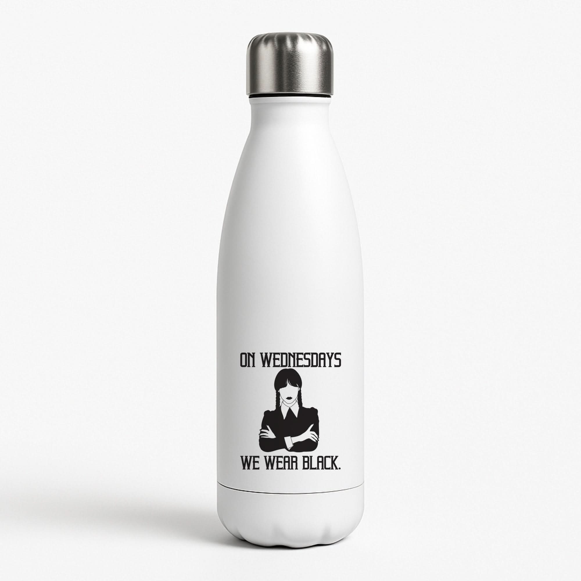 On Wednesdays We Wear Black White Water Bottle