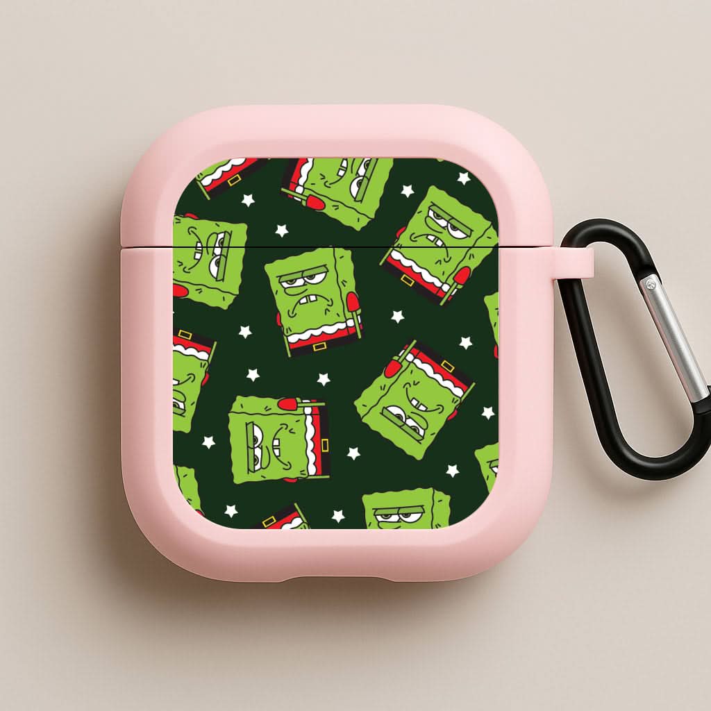 Grumpy Christmas Cartoon Sponge Pattern Pink AirPods Case