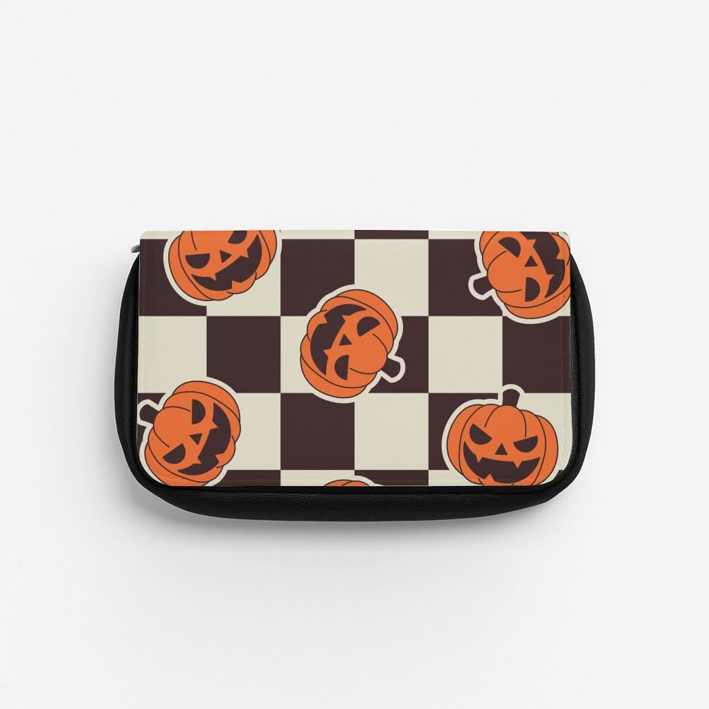 Pumpkin Stickers Checkered Pattern Pencil Case