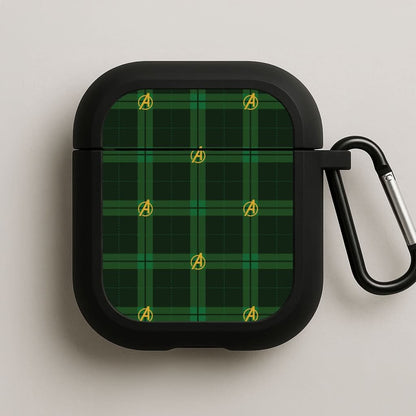 Superhero Team Green Tartan Pattern Black AirPods Case