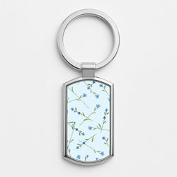 Baby Blue Floral Pattern Silver Metal Keyring