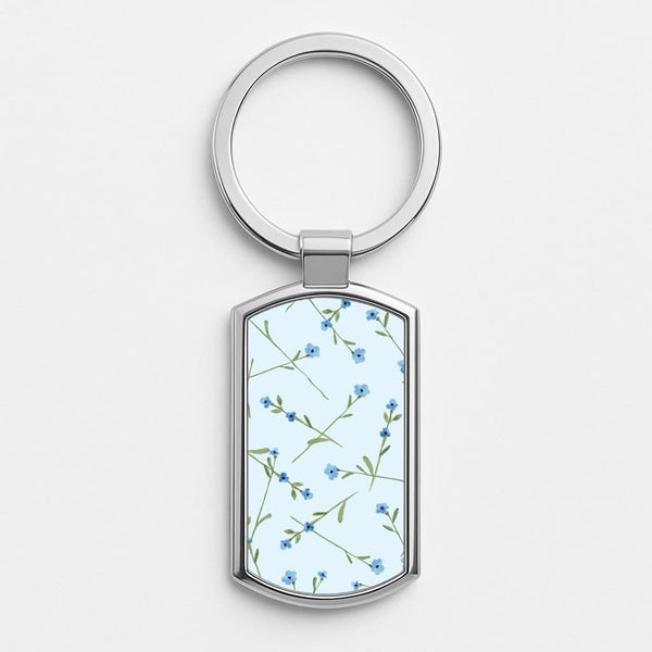 Baby Blue Floral Pattern Silver Metal Keyring