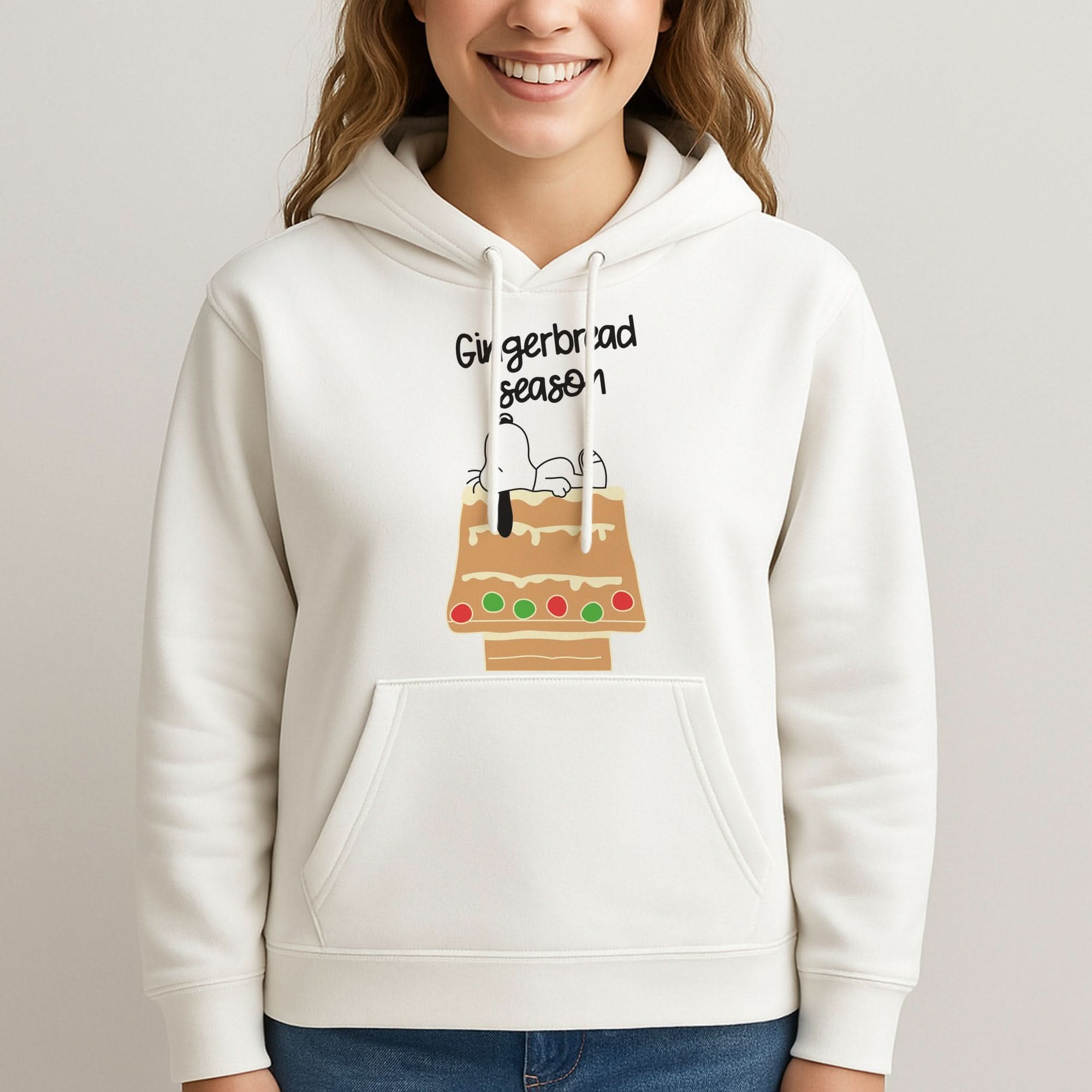 Cartoon Beagle Gingerbread House Womans Hooded Sweatshirt
