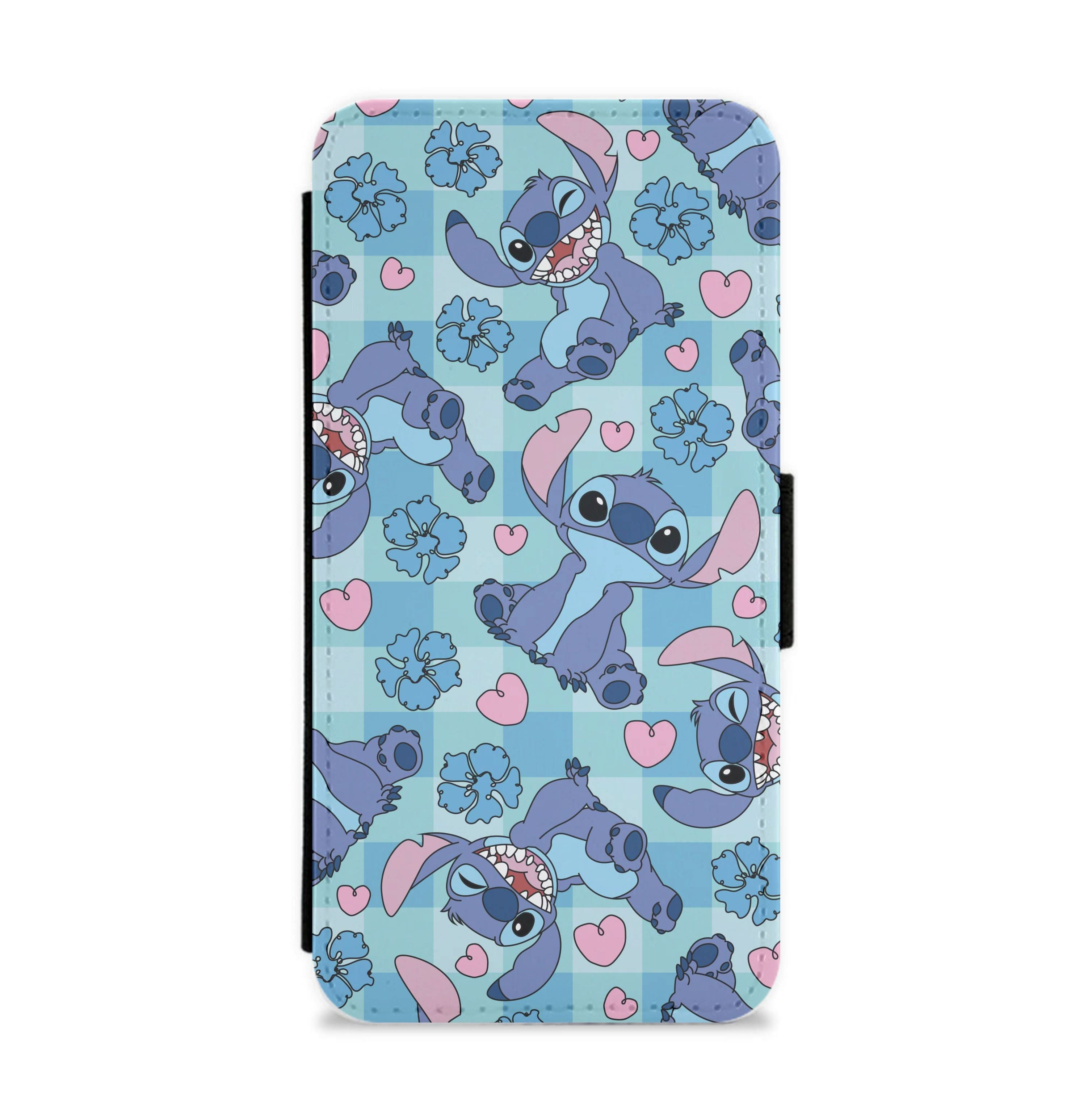 Blue Alien And Hearts Pattern Flip / Wallet Phone Case