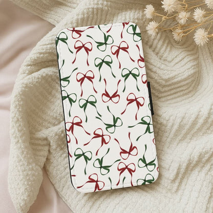 Red And Green Coquette Christmas Bows Pattern Leather Phone Case