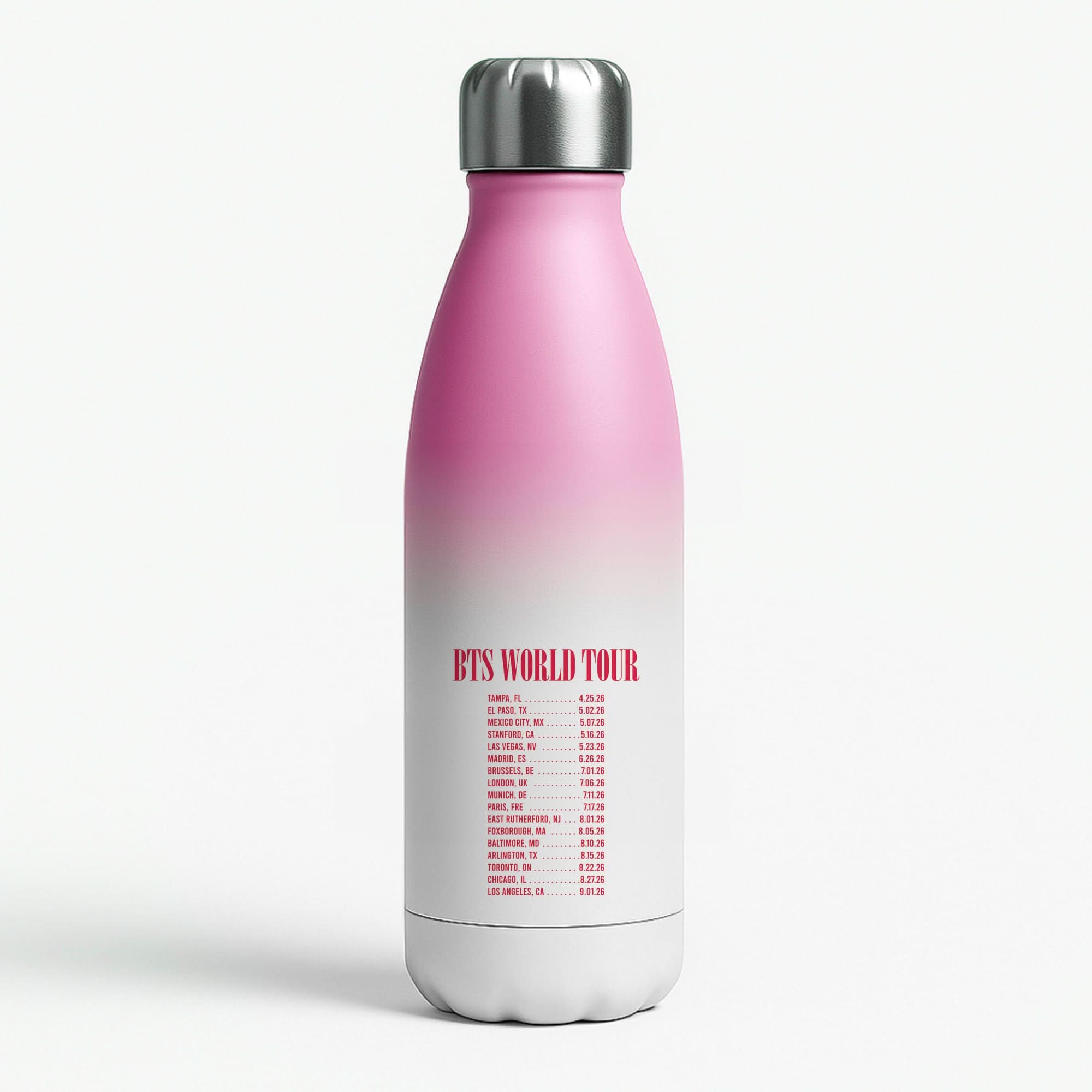 K-Pop Band World Tour List 2026 Pink Water Bottle
