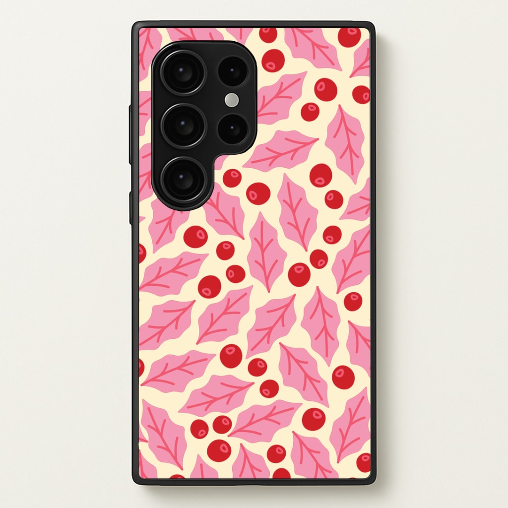 Pink Holly And Berries Pattern Galaxy S24 Ultra Case