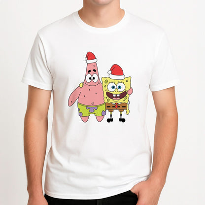 Cartoon Sponge And Starfish Christmas Hats Mens T-Shirt